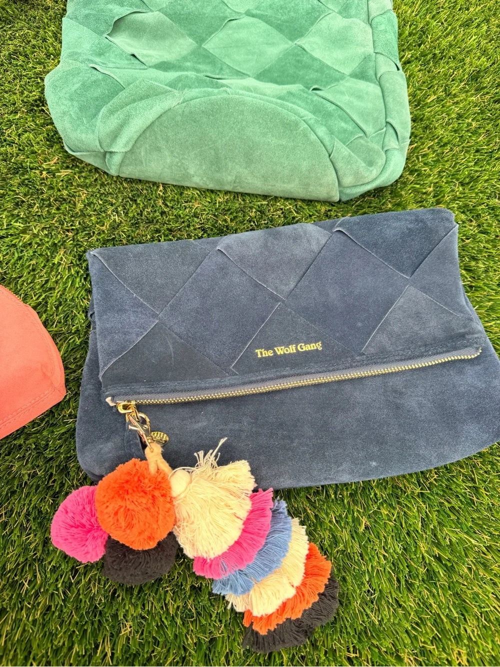 5 Pieces Teal Suede Quilted Kids Shoulder Bag with Pom Pom Charm